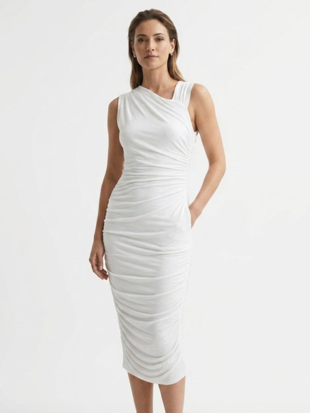 ALC WHITE RUCHED SLEEVELESS MIDI BODYCON DRESS STYLE 6244SJ - XS